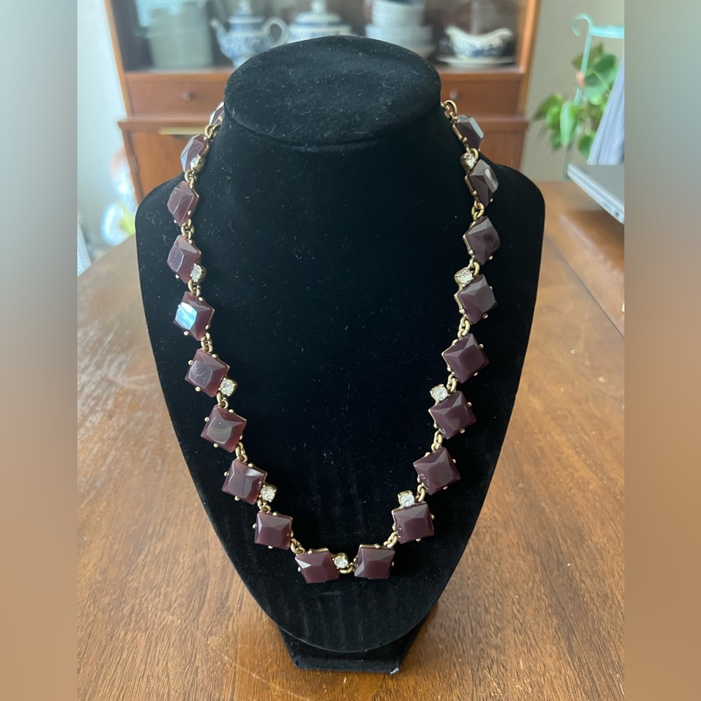 J. Crew faceted square purple lucite and rhinestone gold tone necklace